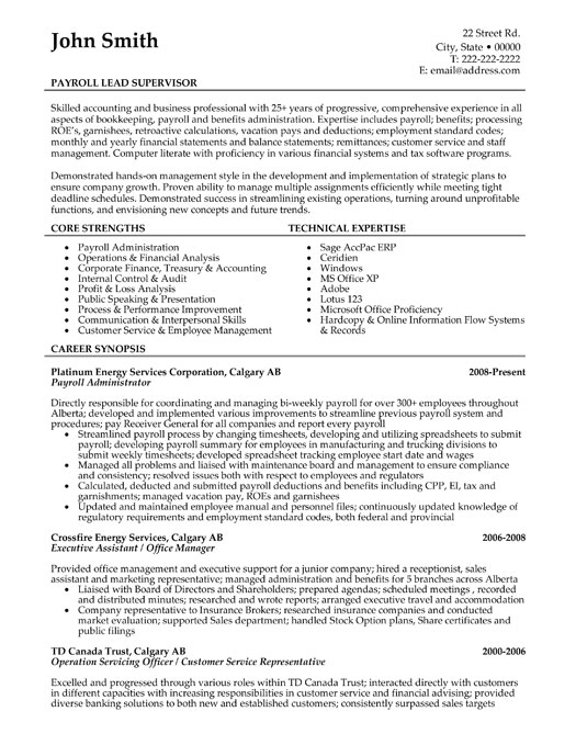 Payroll Lead Supervisor Resume Template