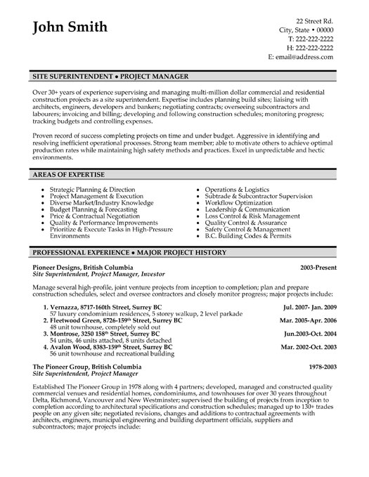 Construction Superintendent Resume Sample