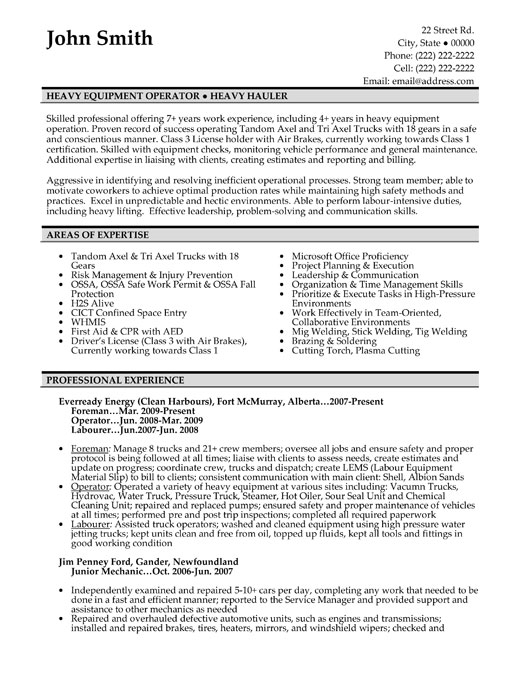 Heavy Equipment Operator Resume Template