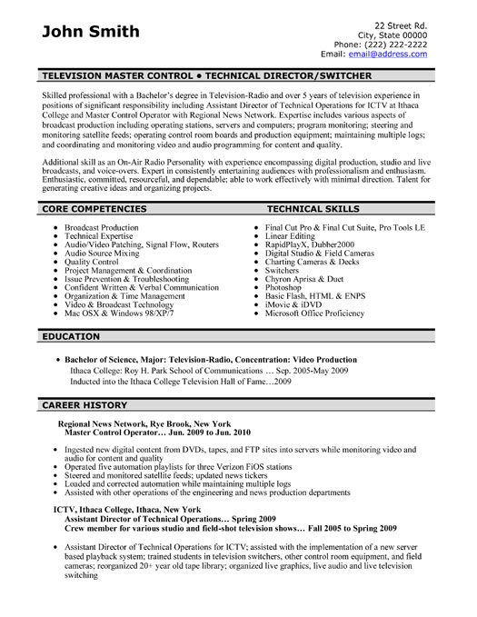 Television Master Controller Resume Template