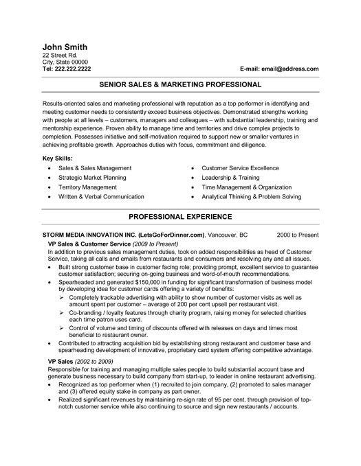 senior sales and marketing professional resume template