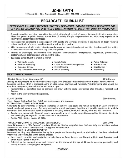 Broadcast Journalist Resume Template