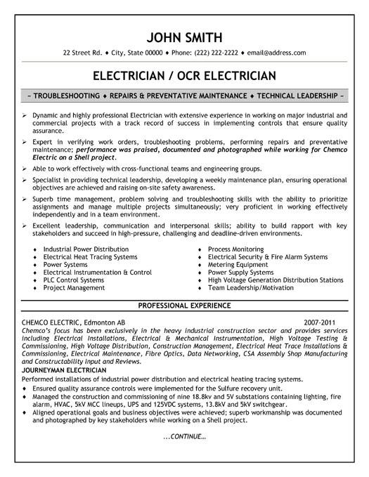 Resume commercial electrician