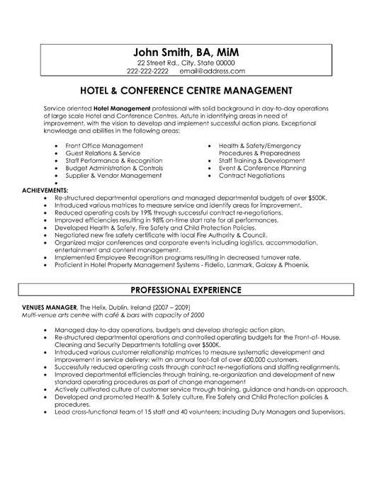 hotel and conference centre manager resume template