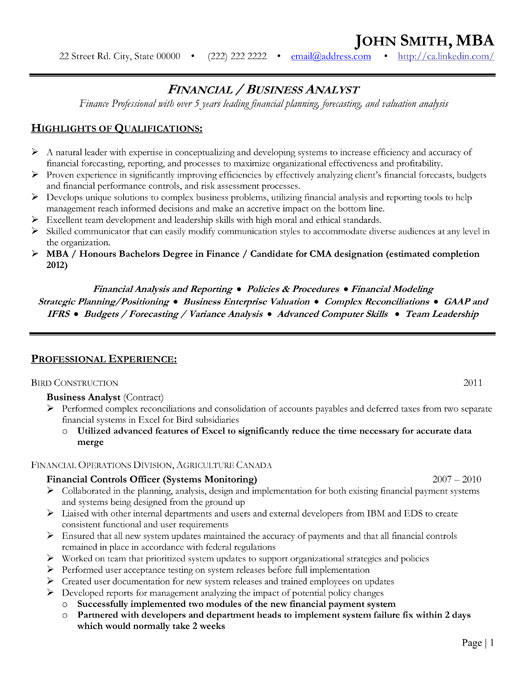 financial analyst resume template