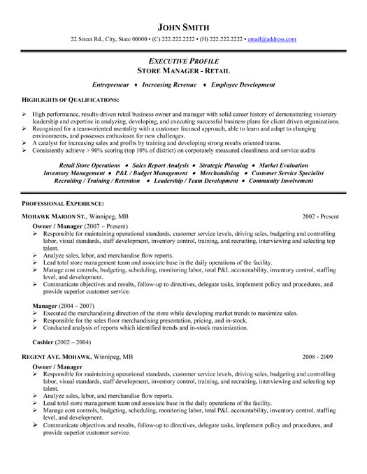 Resume cover letter retail manager