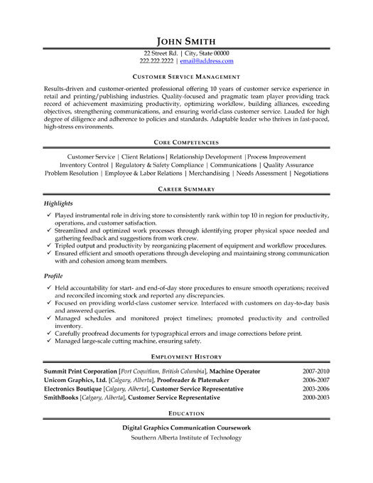 customer service manager resume template