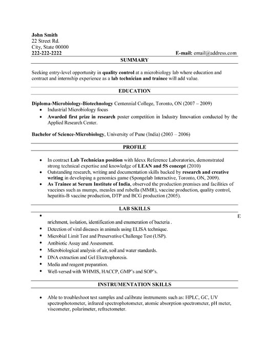 Laboratory Technician Resume
