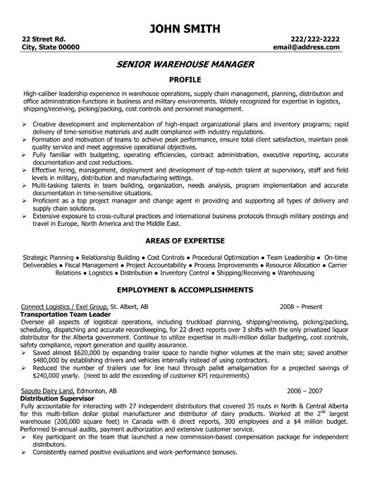 senior warehouse manager resume template premium resume