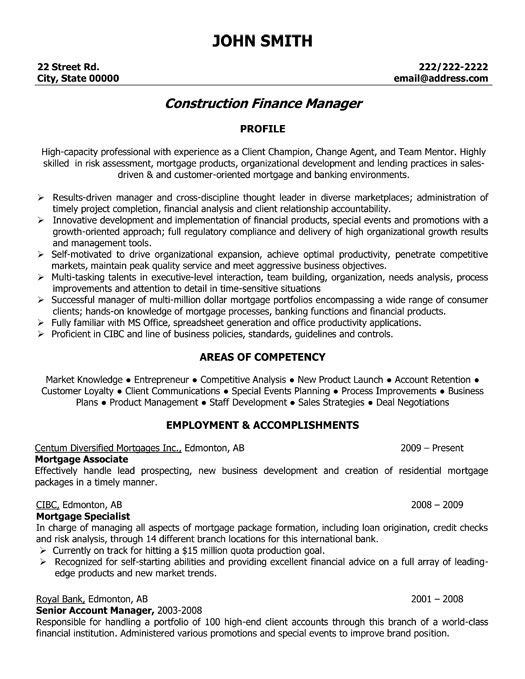 construction finance manager resume template