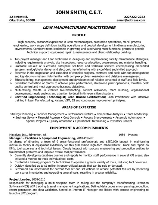 sample resume manufacturing