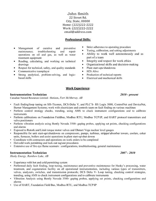 Instrument construction supervisor resume