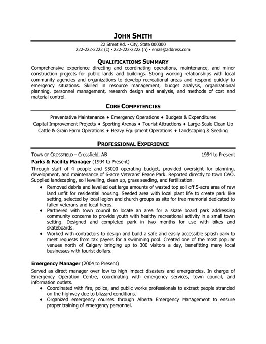 parks and facility manager resume template