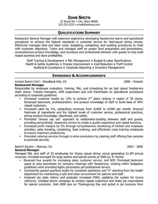 Restaurant General Manager Resume Samples