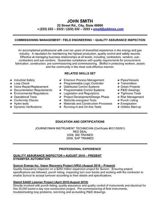 Quality Assurance Inspector Resume Template