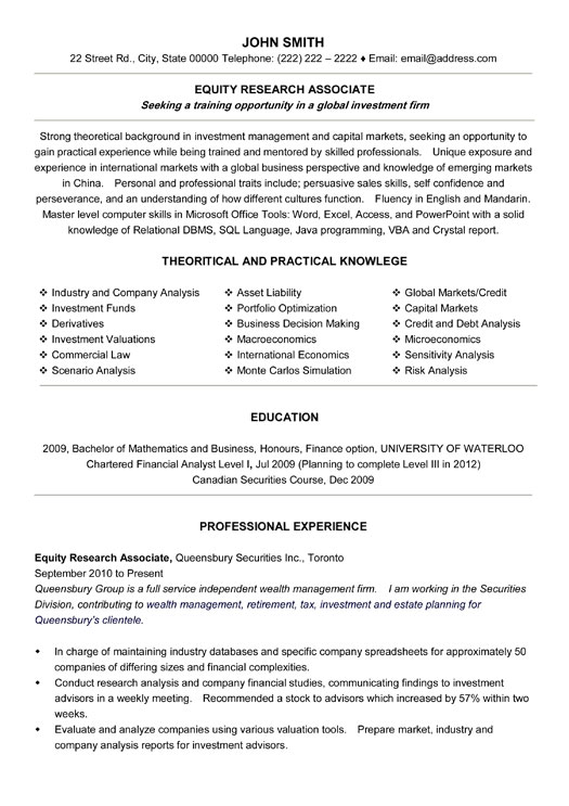 equity research associate resume template