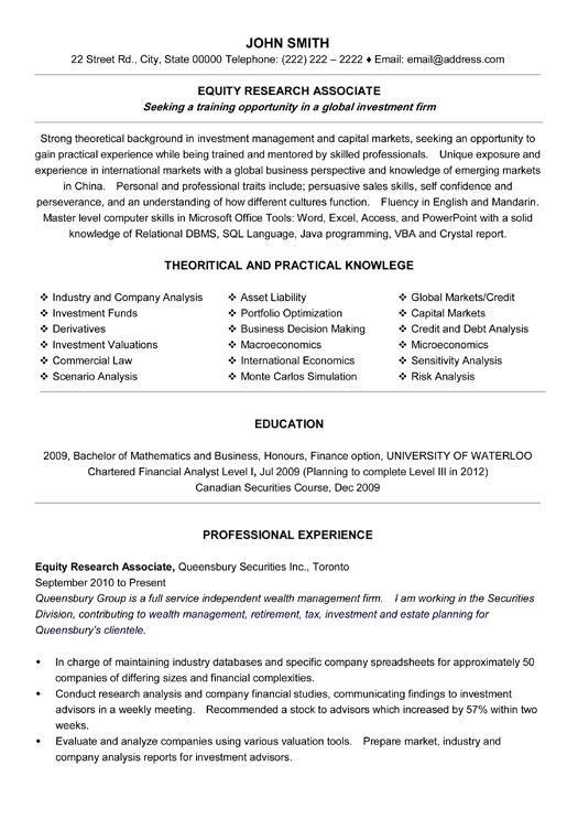 Resume format of research analyst