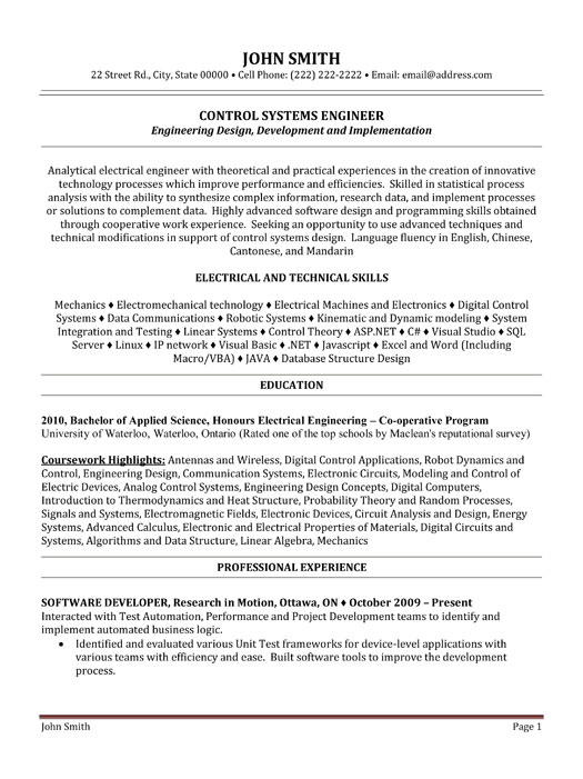 Control Systems Engineer Resume Template