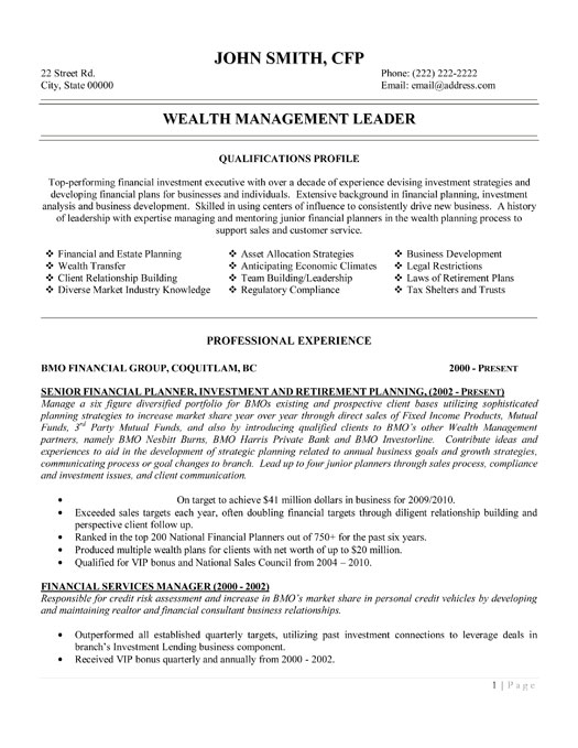 wealth management leader resume template