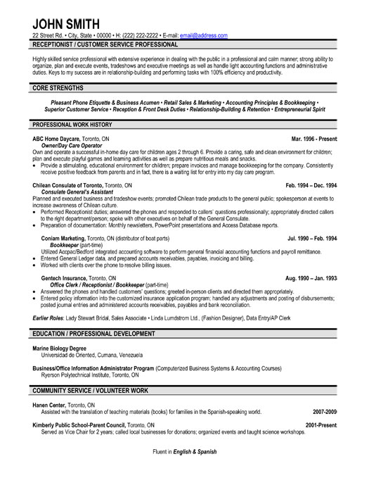 Free sample receptionist resume