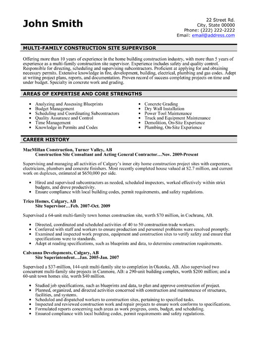 Construction Site Supervisor Resume Template