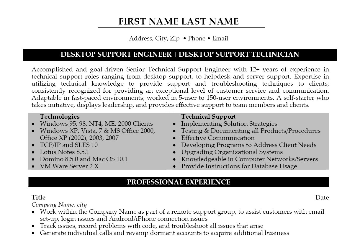 Executive desktop support resume