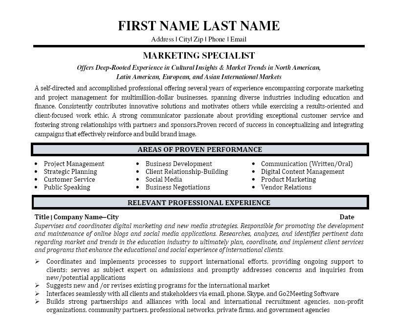 marketing specialist resumes