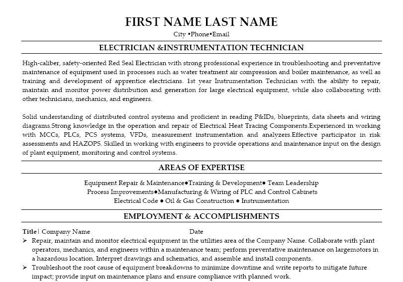electrician instrumentation technician resume template
