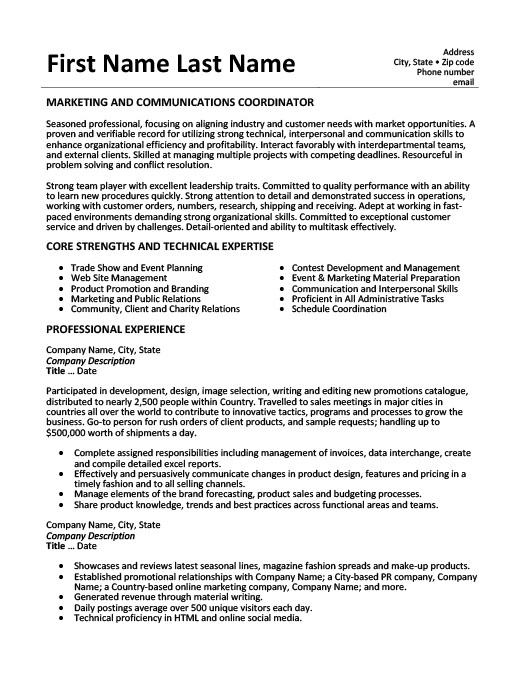 Marketing communications resume