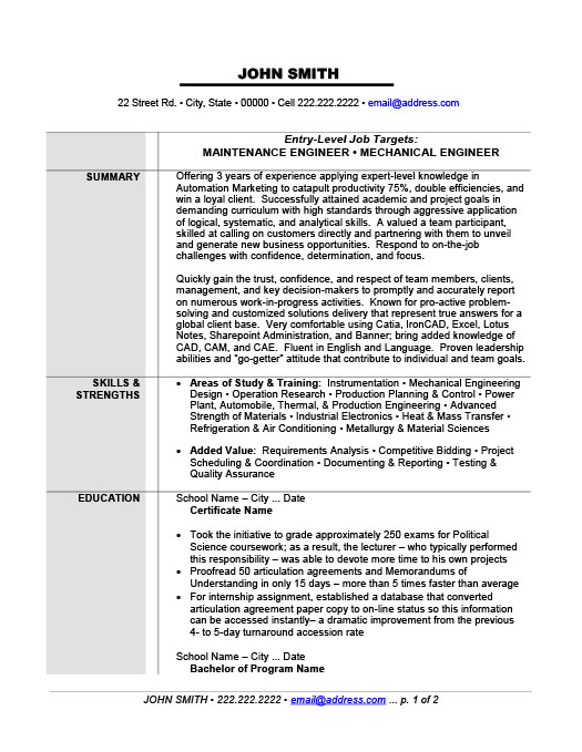 Sample resume of mechanical engg