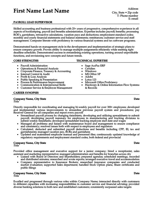 payroll lead supervisor resume template