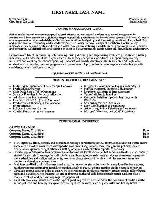 Casino Manager Resume Template Premium Resume Samples Example