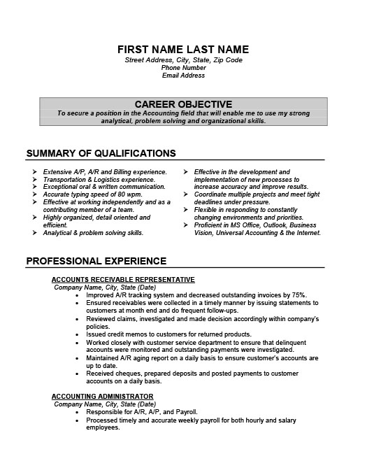 Sample resume for accounting specialist