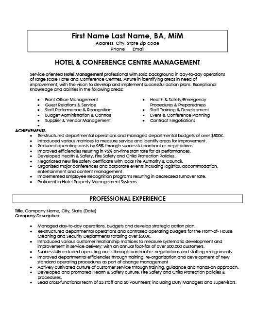 hotel and conference centre manager resume template