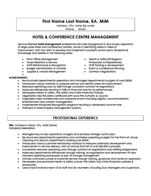 Sample resume for convention services manager