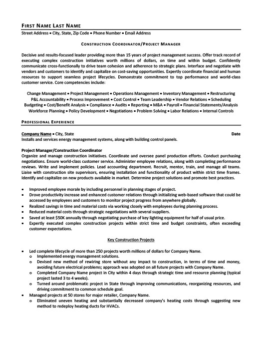 Construction Coordinator Or Project Manager Resume Template