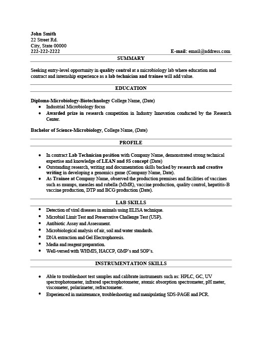 Resume sample laboratory assistant
