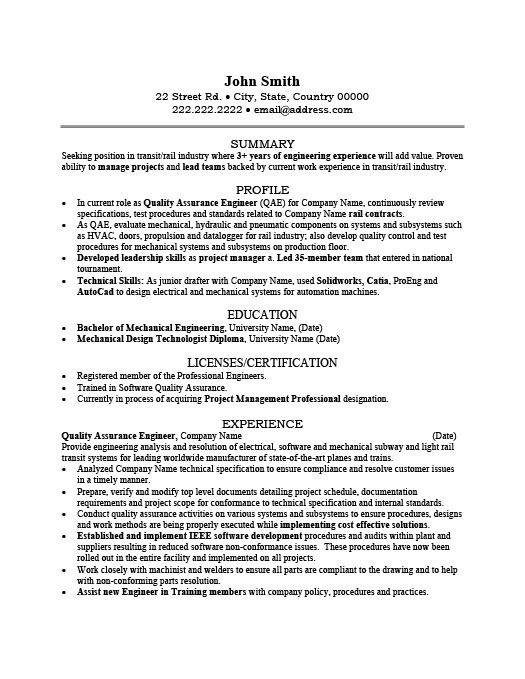 quality assurance engineer resume template