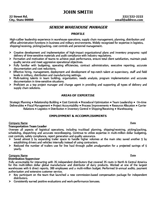 Manager resume warehouse