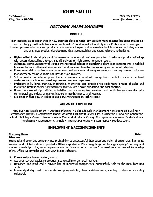 National Sales Manager Resume