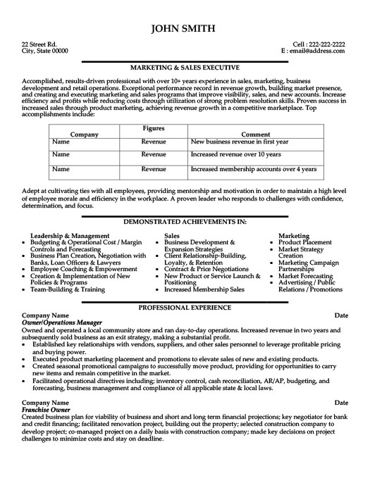 marketing and sales executive resume template