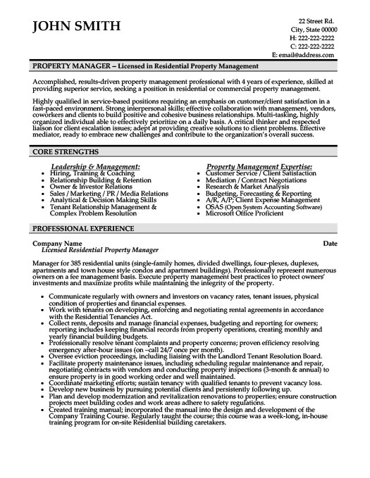 Property assistant manager resume sample