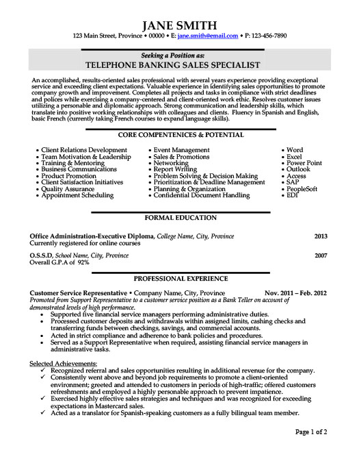 telephone banking sales specialist resume template