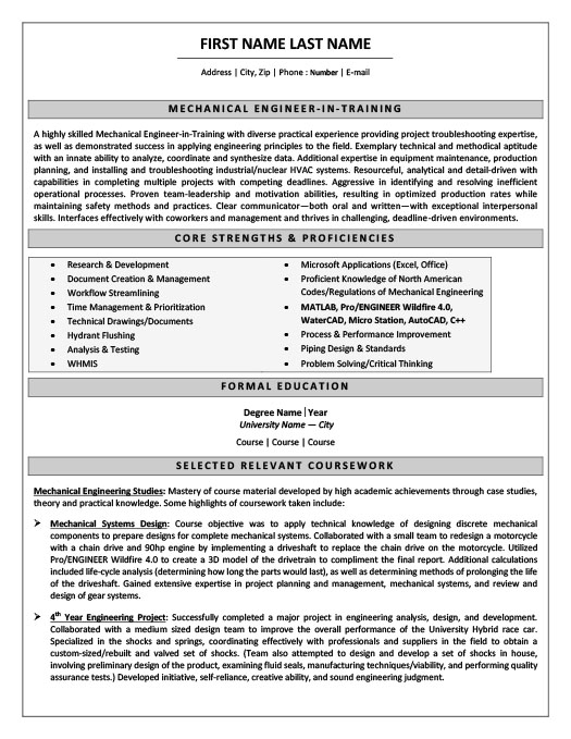 Resume of mechanical engineer