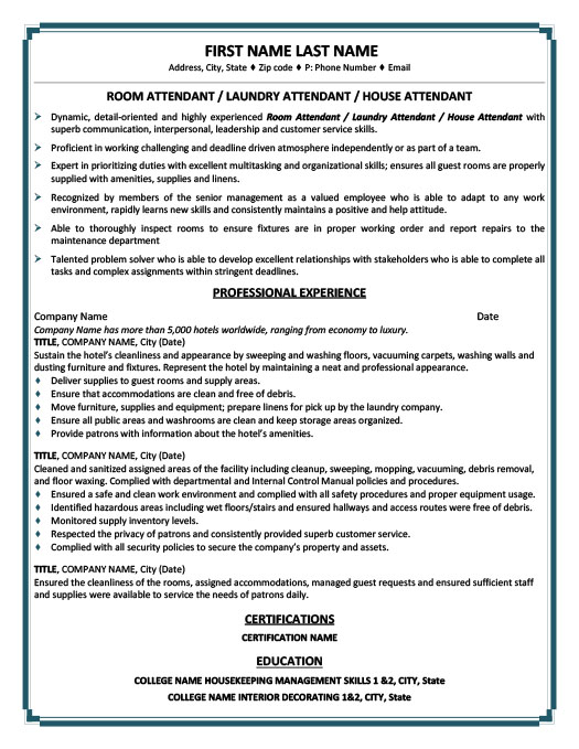 Room Or Laundry Or House Attendant Resume Template Premium