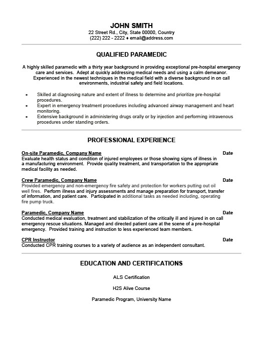 Emergency medical technician sample resume