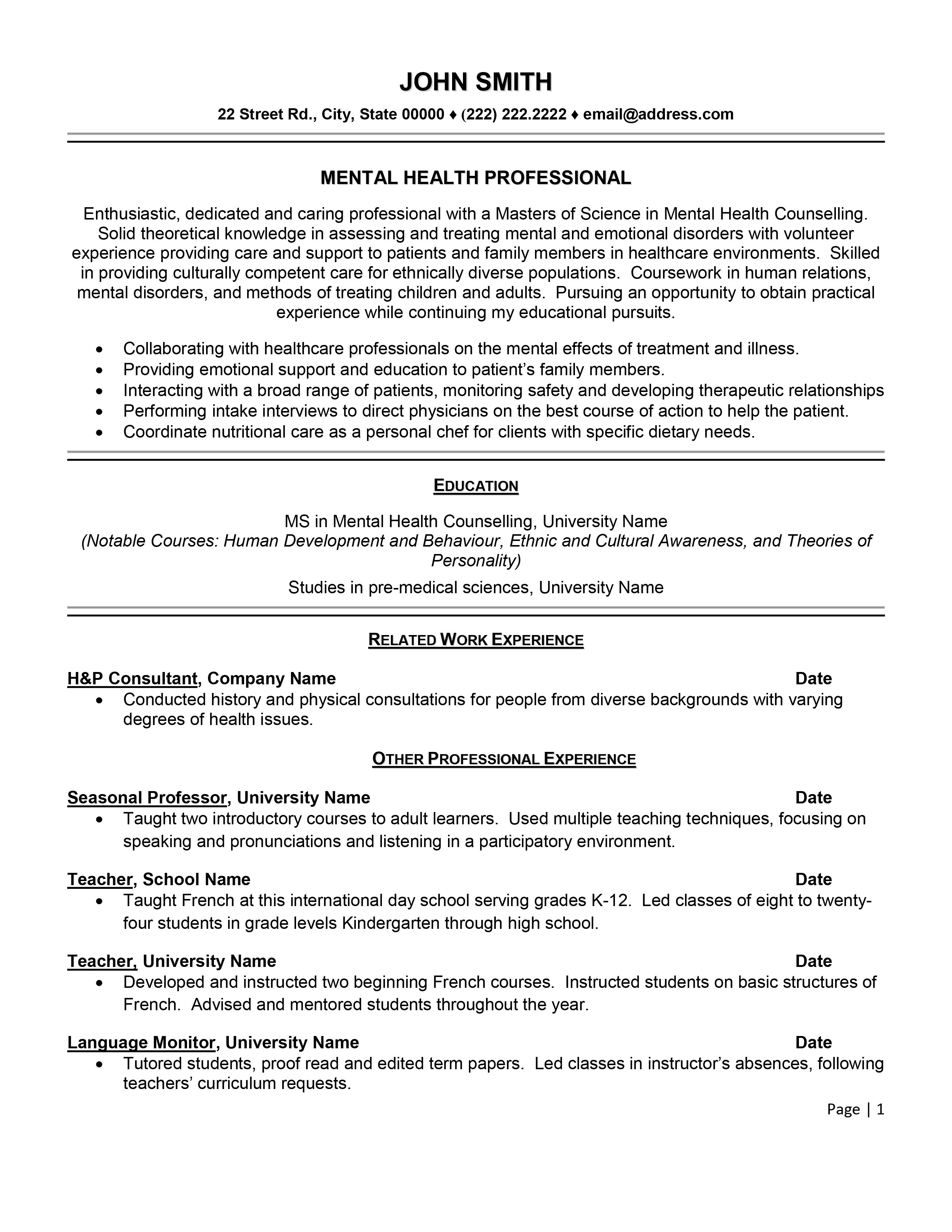mental health care worker sample resume rehabilation