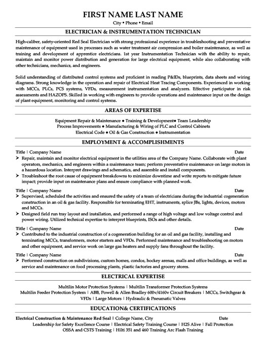 electrician instrumentation technician resume template
